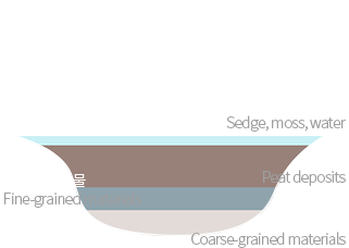 사초, 이끼, 빗물(Sedge, moss, water) 이탄층(Peat deposits), 세립질 퇴적물(Fine-grained materials), 조립질 퇴적물(Coarse-grained materials)